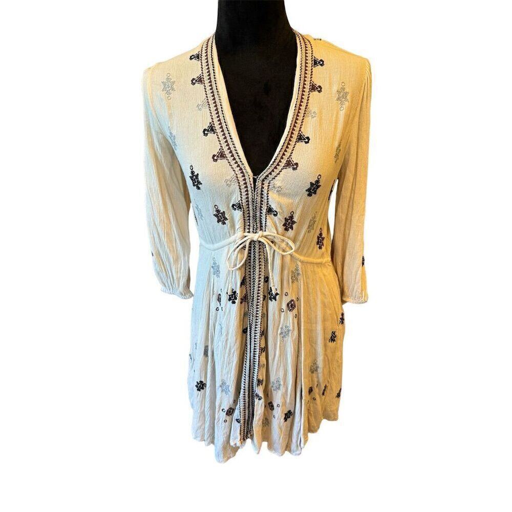 Free People Stargazer Embroidered Mini Dress  Boho Peasant Long Sleeve Size XS
